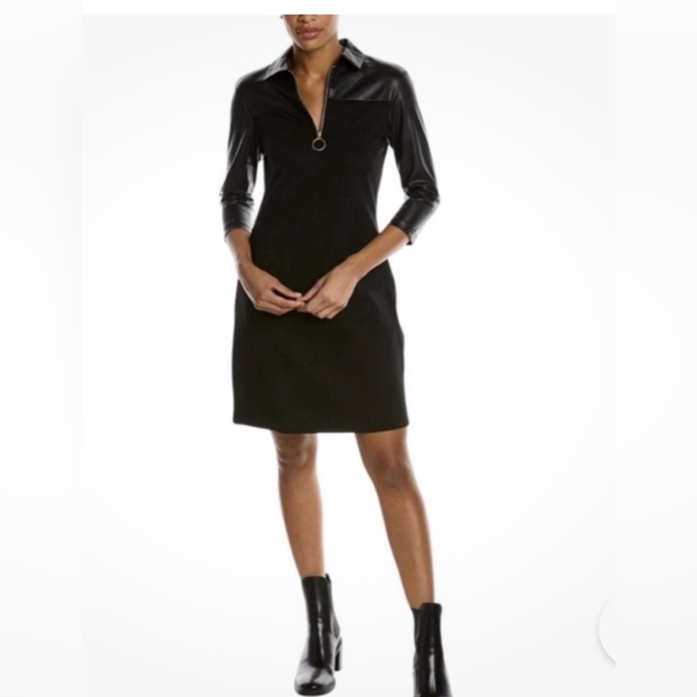 Nanette Lepore 3/4 Sleeve 1/4 Zip Shift Dress Faux Leather Details 10 Grudge NWT